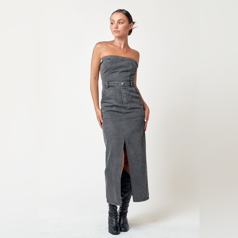NWT!! Vintage Black Tube Denim Detailed Front Slit Midi Dress🤠 - Picture 3 of 12